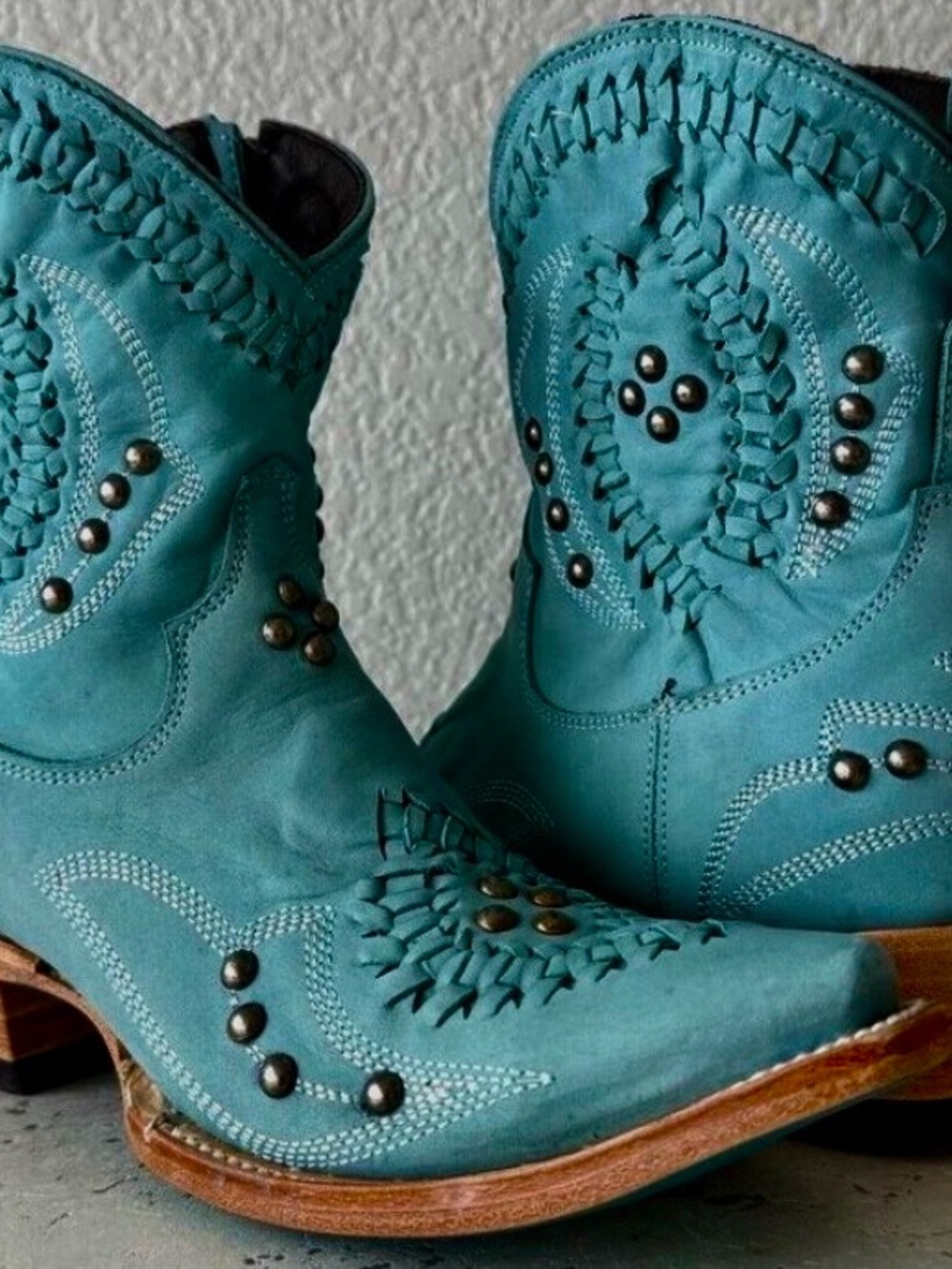 Lane Cossette Western Ankle Boots in Turquoise with Stud & Stitch Detail